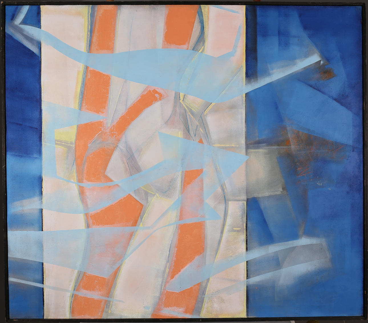 OIDENTIFIERAD KONSTNÄR. Abstrakt kompostion. Stor olja på duk, signerad J. Lassota och daterad 84 a tergo.