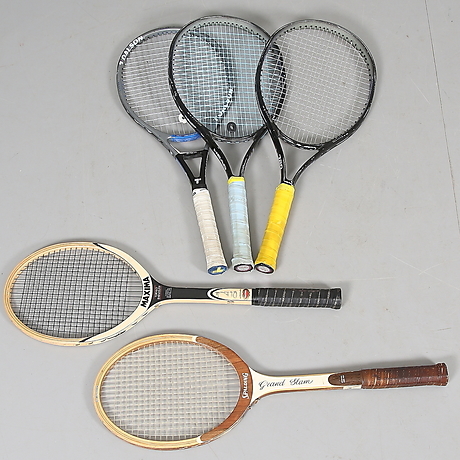 TENNIS RACKET, 5 pcs. fiberglass and wood, 20th century. Miscellaneous ...