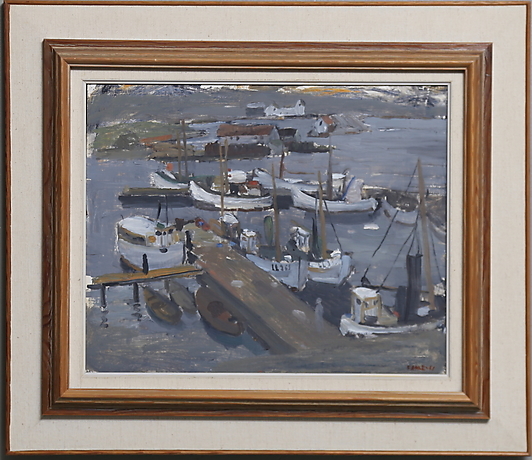GUSTAF ADOLF FAHLE. The harbor from Gravarne. Oil on Board, signed and ...