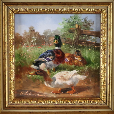 ADOLF LOHMANN. "Enten am Teich", Öl auf Holz, Miniaturgemälde. Kunst