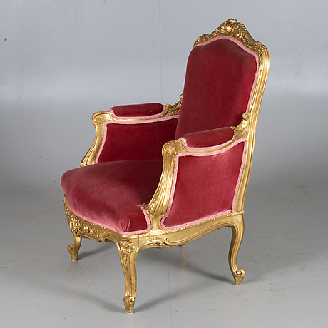 ARMCHAIR, gilded with red plush upholstery, rococo style. Furniture ...