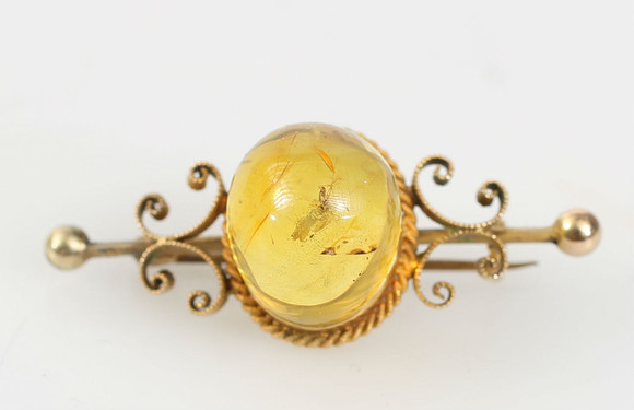 Broche Ancienne En Or 15 Carats Incrustée D'ambre - Motif Oiseaux Vintage, Lourde 8,36 G