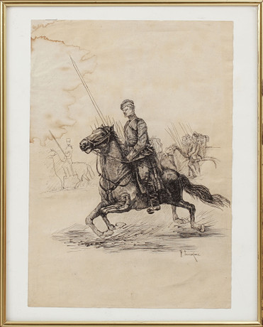 NIKOLAI SEMENOVICH SAMOKISH. Ink drawing, man on horse, signed. Art ...