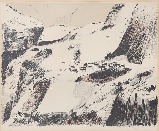ROLF ERLING NYGREN. Reindeer on the mountain, Oil lithography, signed ...
