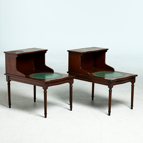 BEDSIDE TABLES, a pair. labeled Reprodux, England, mahogany frame ...