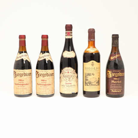 Fem flaskor rött vin/vin, Pinot Noir, Merlot, Chianti Classico, Amarone ...