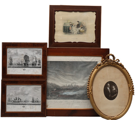 Four Elizabethan mahogany frames and a Louis XVI style frame in gilt ...