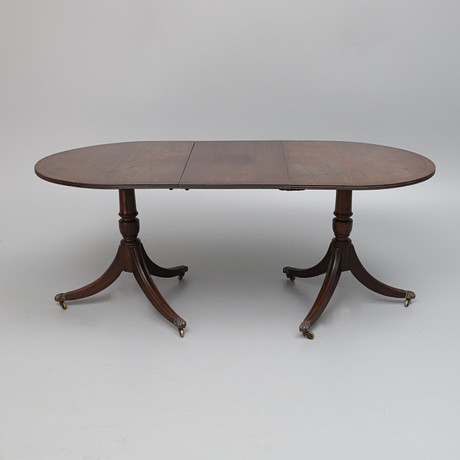 A REPRODUCTION REGENCY STYLE MAHOGANY EBONY BANDED 'D' END DINING TABLE ...