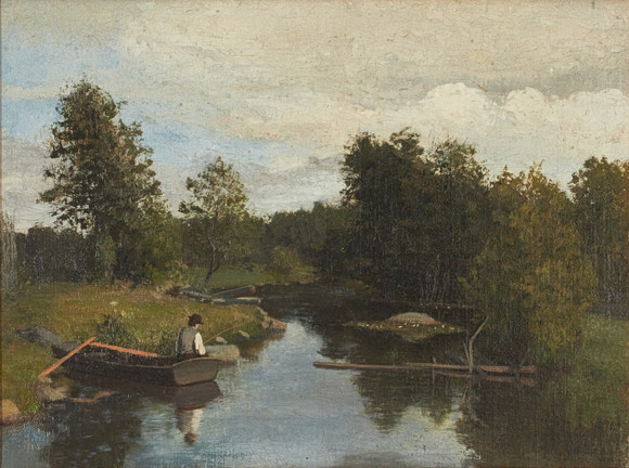 GUSTAF RYDBERG (SVERIGE, 1835-1933). Metande man i eka, signerad G ...