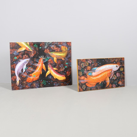 MAHMUD. His studio. TWO OIL ON CANVAS PICTURES OF FISH BY MAHMUD. Art ...