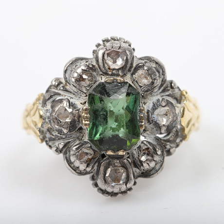 RING, 18 K guld/silver med rosenslipade diamanter och grön sten, tidigt ...