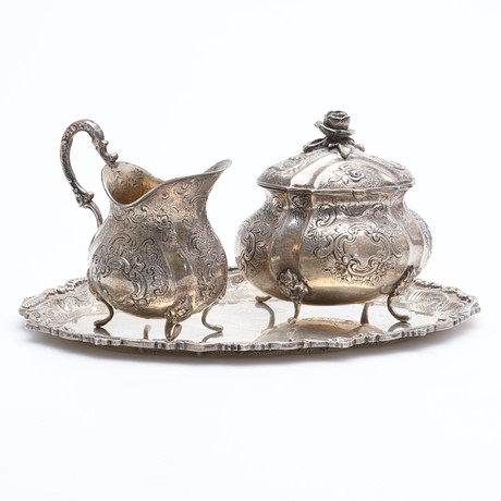 SUGAR BOWL AND CREAM CAN WITH TRAY, silver, rococo style, Swedish ...