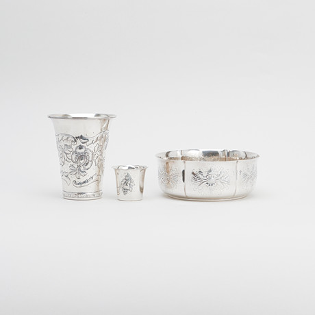 BOWL and two CUPS, silver, weight approx. 420 grams. Silver & Metals ...