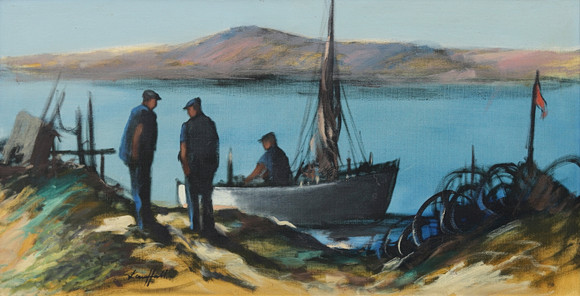 LARS HALL (1931-2001). Pratstund fiskare emellan, olja på duk, signerad ...