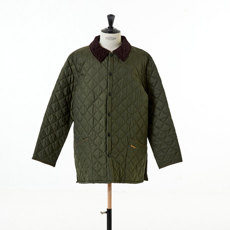 BARBOUR, jacket, men, olive green, quilted pattern, brown cuffed collar ...
