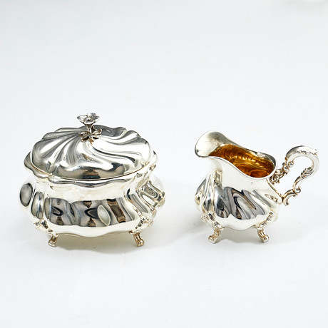 SUGAR BOX, CREAM POT, silver, Rococo style, Gebruder Deyhle, Germany, 2 ...