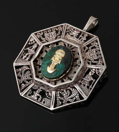 Broche Ancienne En Argent Et Or 14K Avec Amazonite - Vintage Mexique, Bijou Antique Occasion