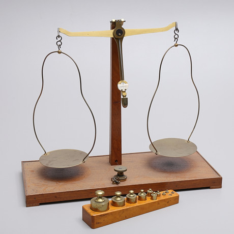 BALANCING SCALE, wood/brass, with WEIGHT SET, 1900s. Silver & Metals ...