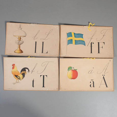 SKOLPLANSCHER, 4 st, lampa, flagga, äpple, tupp, Häggström Lito. A.B ...