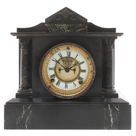 AN ANSONIA CLOCK CO, NEW YORK BLACK AND VERDE ANTICO MARBLE MANTEL ...