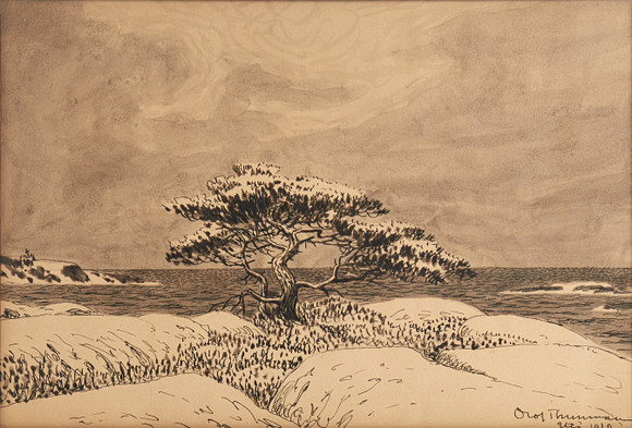 OLOF THUNMAN (1879-1944). Vindpinad tall, Tusch, Signerad Olof Thunman ...