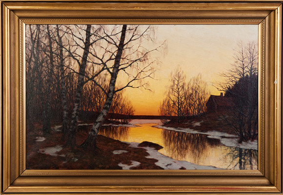 EDVARD ROSENBERG (1858-1934). Vårbäck i aftonrodnad, olja på duk ...