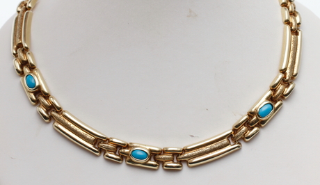HALSCOLLIER, 14 k guld, turkosa stenar, vikt ca 28,7 gram.