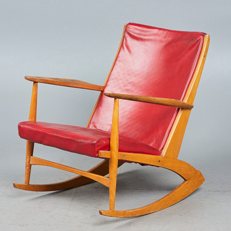 HOLGER GEORG JENSEN. Rocking chair, cherry, faux leather, 1950s
