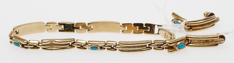 ARMBAND samt ÖRHÄNGEN, 3 delar, 14k guld, turkosa stenar, vikt ca 18 gram.