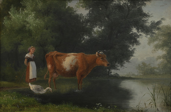 AXEL THORSEN SCHOVELIN. (18271893). Öl auf Platte, Mädchen mit Tieren