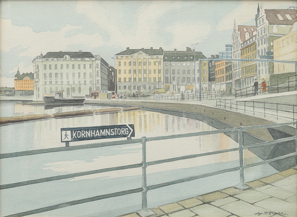 ALFRED BOLL. View of Stockholm, watercolour, signed. Art