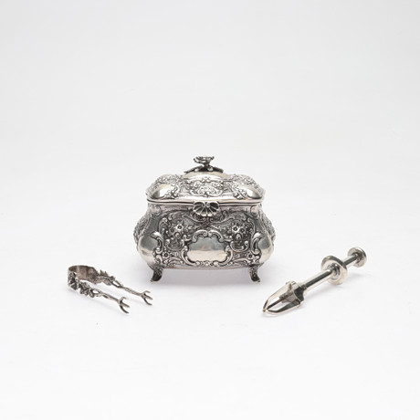 SUGAR BOX, with tongs, rococo style, Swedish import stamps, weight ...