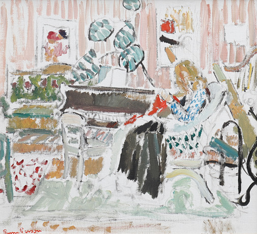 RUNE PERSON. HANDWORKING WOMAN IN INTERIOR. Art - Paintings - Auctionet