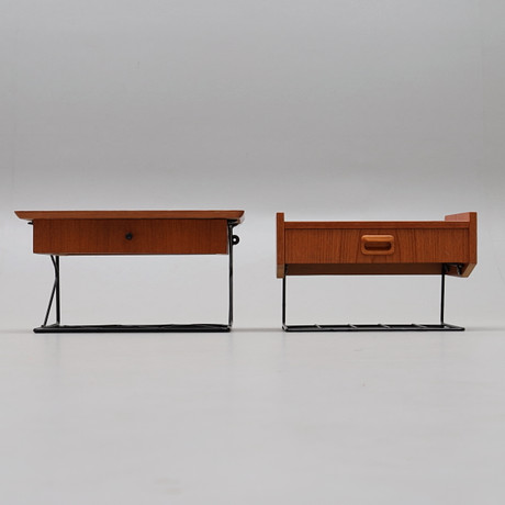 BEDSIDE TABLES, a pair, wall-hung, string, teak, mid-20th century ...