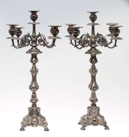 KANDELABRAR, 1 par, för 5 ljus, nysilver, 1800-tal.