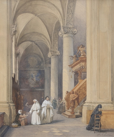 HIPPOLYTE SEBRON. Kyrkointeriör med figurer, akvarell, signerad. Konst
