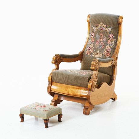 ROCKING CHAIR with FOOTSTOOL, early 20th century, cut decor, bonded ...
