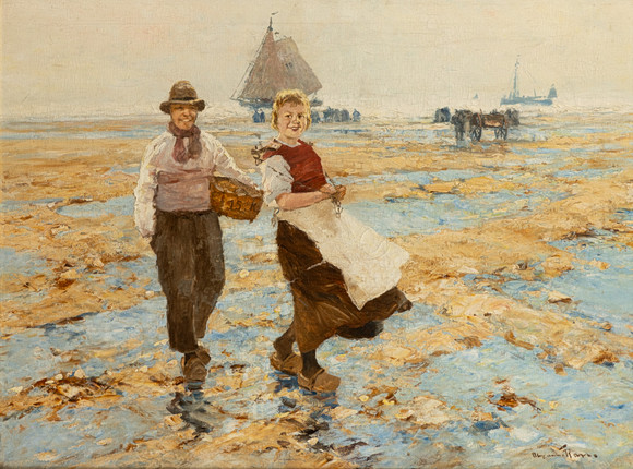 ALEXANDER RAU (1878-1944). Fiskarpar med korg på stranden. Konst ...