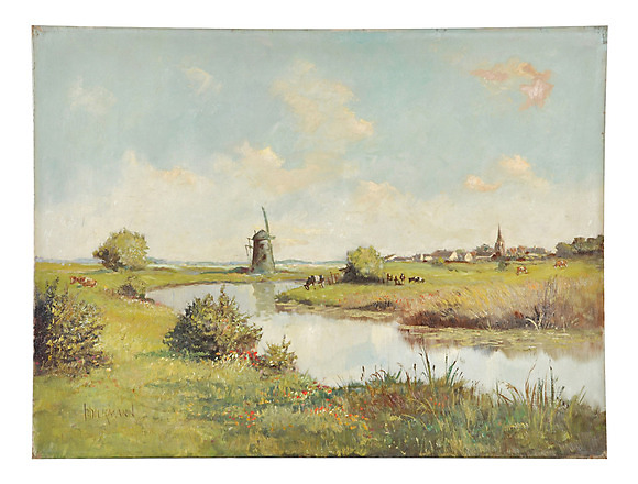 Paul Dickmann Aus Nordholland Sommerliche Landschaft Mit Windmuhlen Bach Und Kuhen Kunst Gemalde Gemalde Auctionet