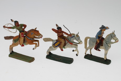 ELASTOLIN WESTERN-figurer 3 ridande, 1950-tal.