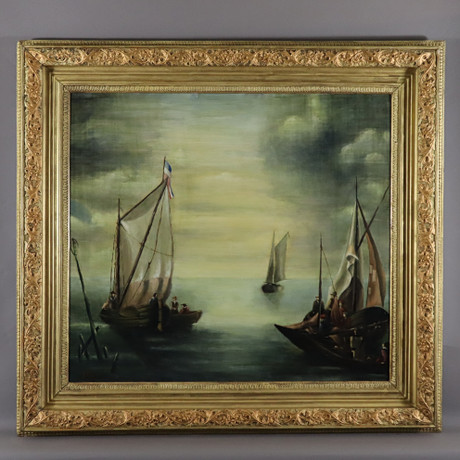 ANGEL DE LA CRUZ. OIL CANVAS. FISHERMEN ON THE BEACH. Art