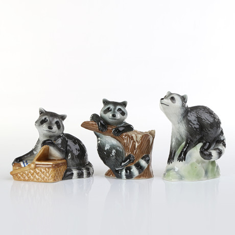 ROYAL COPENHAGEN WOODEN FIGURINES Porcelain. Raccoons. Nos 057, 054 and ...