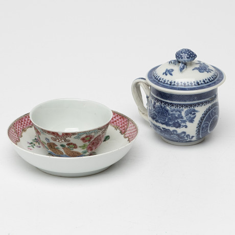 A CUP; SAUCER AND CREAM CUP WITH LID, Chinese company porcelain, 18th ...