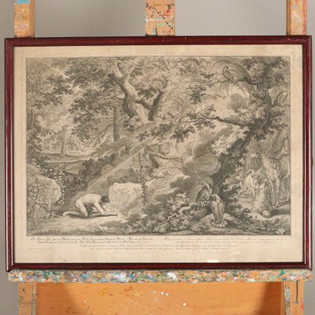 Gravure Sur Cuivre - Cheval à La Main D'une Pasha Par Johann Elias Ridinger - Cadre Vieilli Or - 42x30 Cm