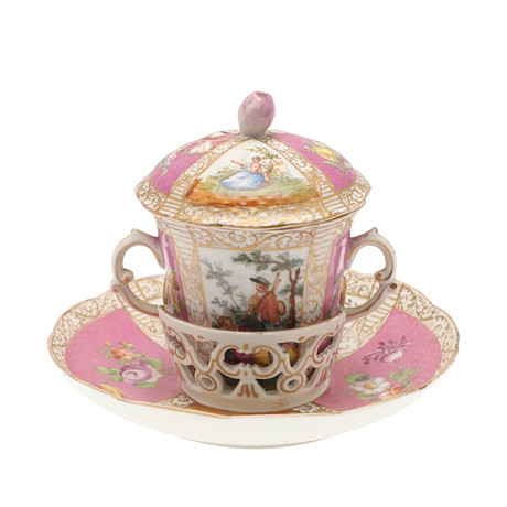 A 19TH CENTURY DRESDEN TREMBLEUSE CHOCOLATE CUP COVER AND SAUCER ...