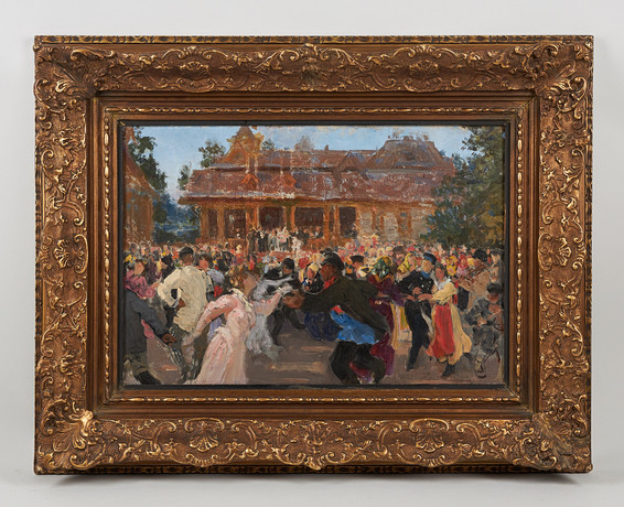 ILYA EFIMOVICH REPIN. Dansande folk på fest i Zdravnevo, signerad samt daterad 1893, olja 