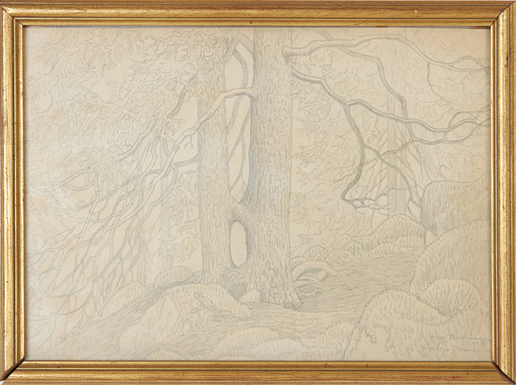 OLOF THUNMAN (1879-1944). Forest motif, drawing in pencil, signed and ...