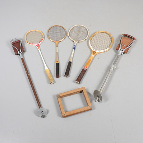 TWO SHOOTING STICKS, AND FOUR TENNIS/ BADMINTON RACKETS. Miscellaneous ...