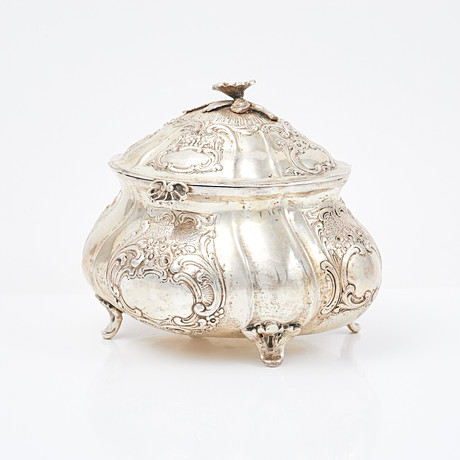 A silver sugar box, Germany, Rococo style, Swedish import stamp. Silver ...