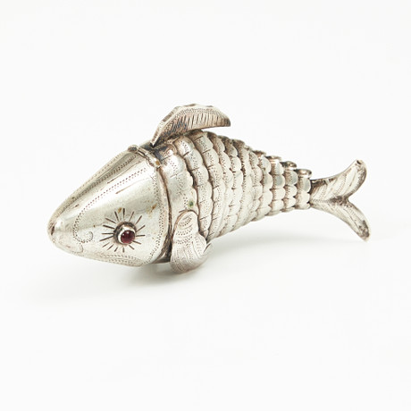 A Danish 19th century silver smell box in the shape of a fish, unidentified  stamps. Silver & Metals - Silver - Auctionet